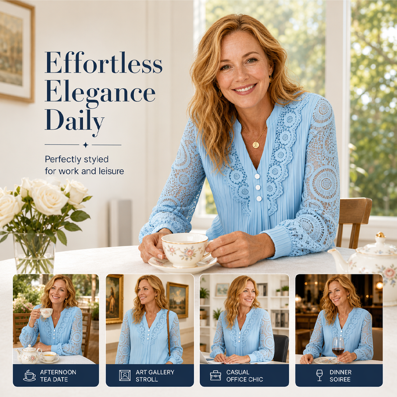 Lace sleeve V-neck top ribbed long sleeve for women
