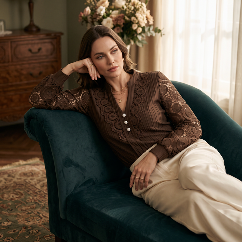 Lace sleeve V-neck top ribbed long sleeve for women