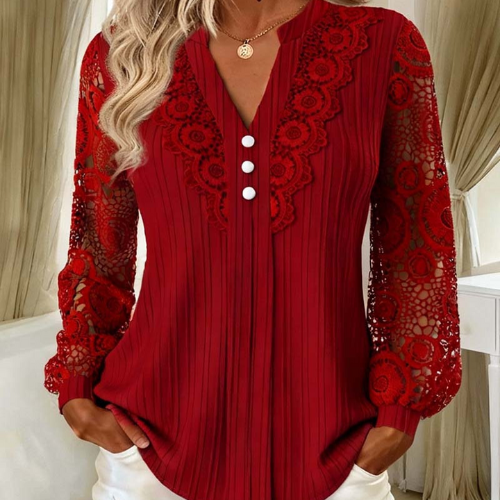 Lace sleeve V-neck top ribbed long sleeve for women