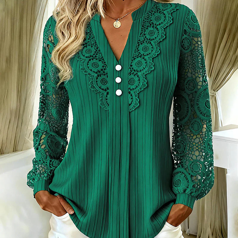 Lace sleeve V-neck top ribbed long sleeve for women