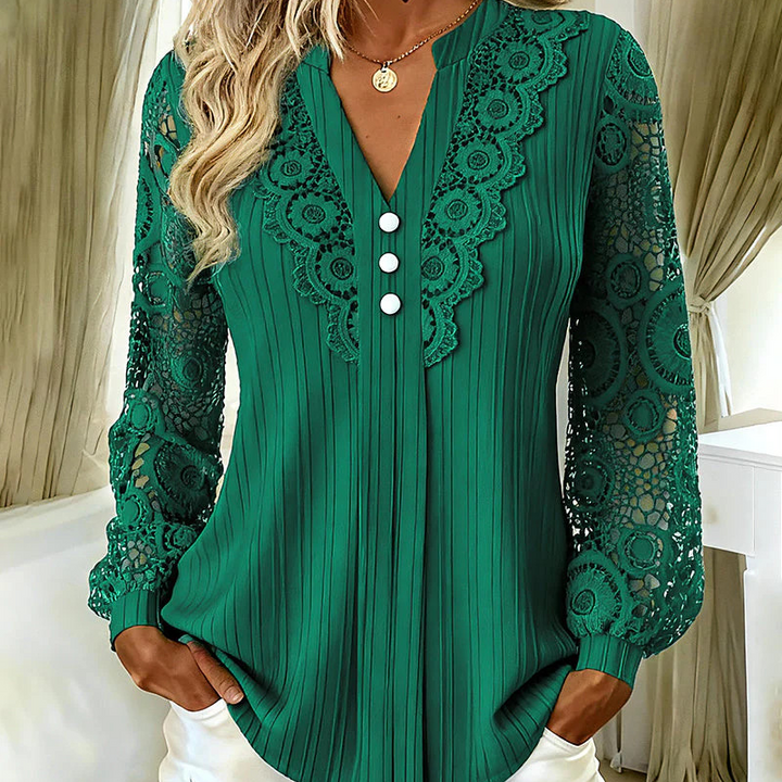 Lace sleeve V-neck top ribbed long sleeve for women