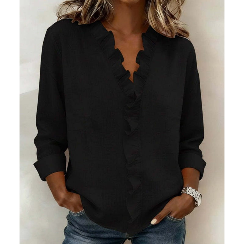 Ruffle v-neck long sleeve blouse for women