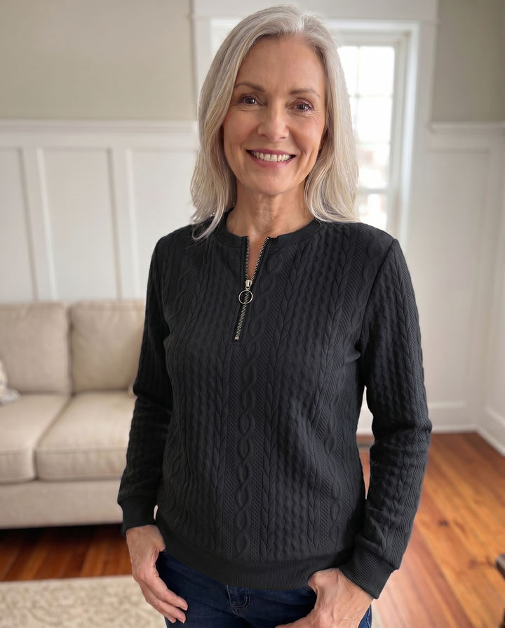 Textured knit sweatshirt with half zip for women