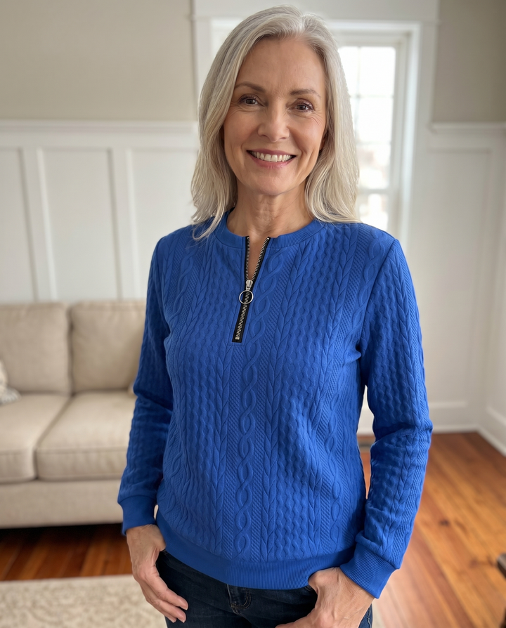Textured knit sweatshirt with half zip for women