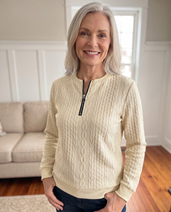 Textured knit sweatshirt with half zip for women