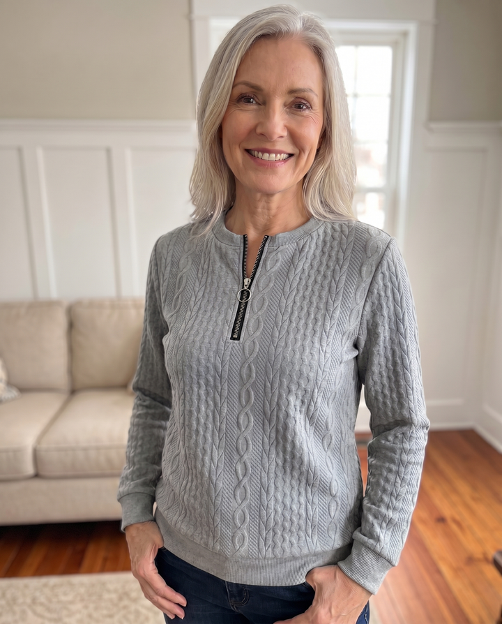 Textured knit sweatshirt with half zip for women