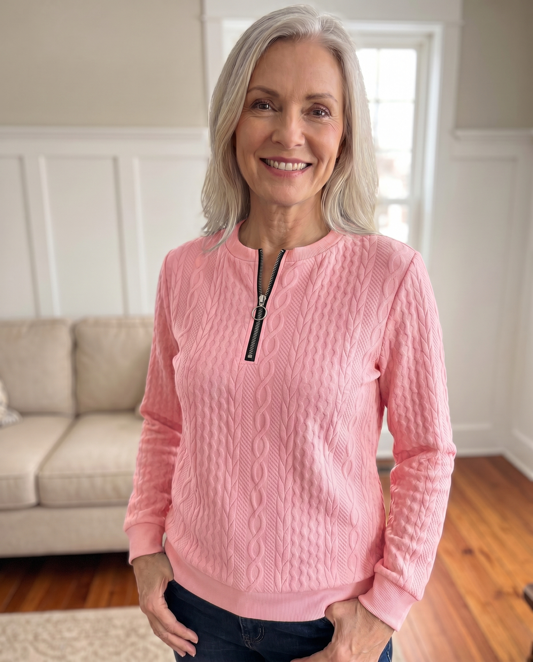 Textured knit sweatshirt with half zip for women