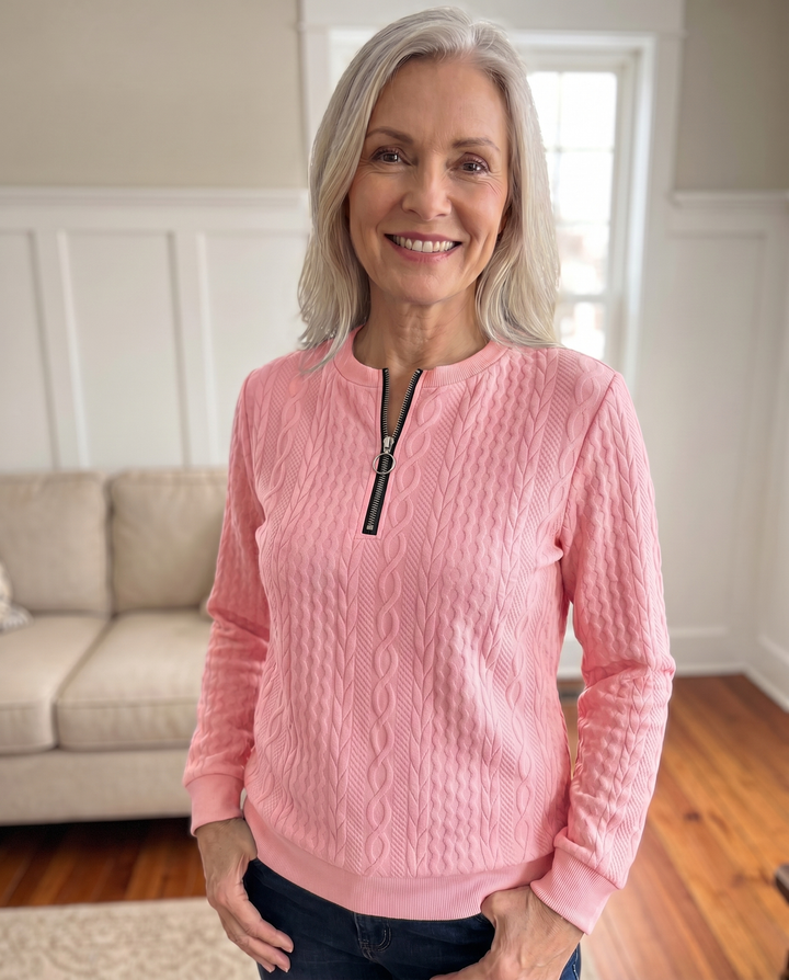 Textured knit sweatshirt with half zip for women