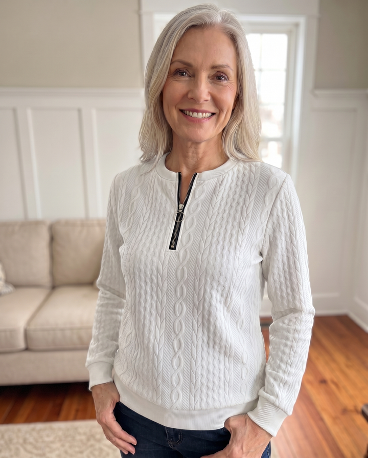 Textured knit sweatshirt with half zip for women