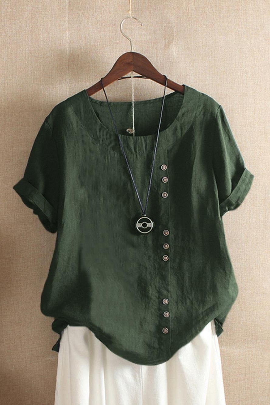 Cotton round neck blouse with button detail and short sleeves for women