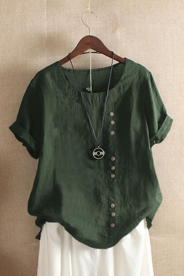 Cotton round neck blouse with button detail and short sleeves for women