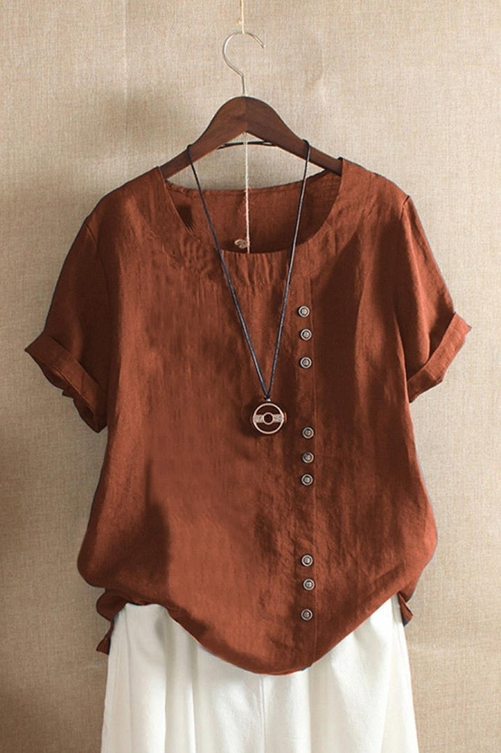 Cotton round neck blouse with button detail and short sleeves for women
