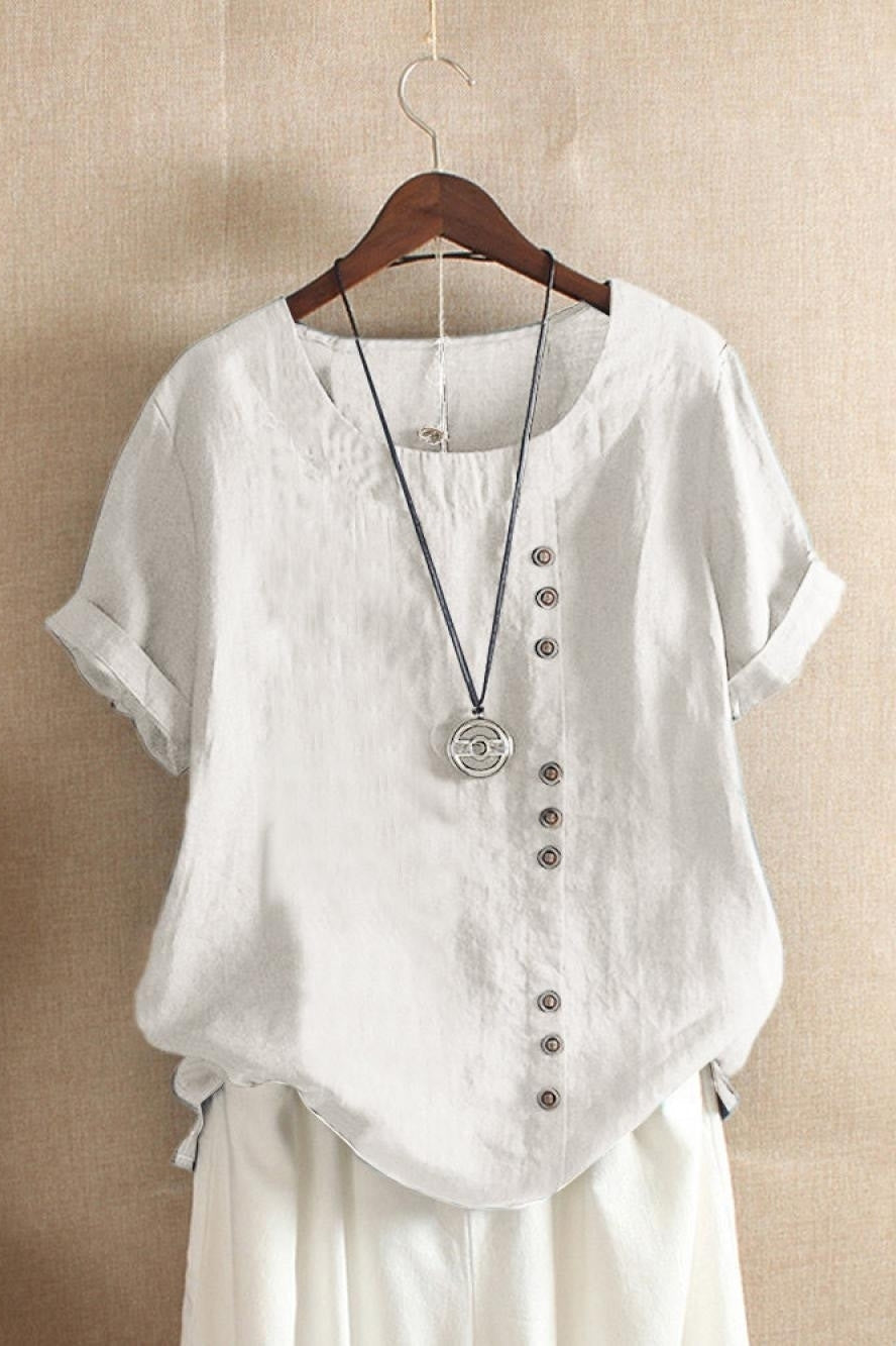Cotton round neck blouse with button detail and short sleeves for women