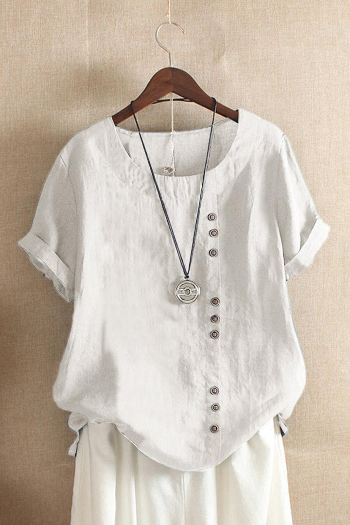 Cotton round neck blouse with button detail and short sleeves for women