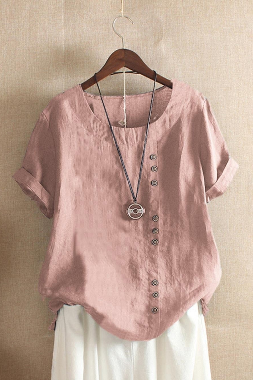 Cotton round neck blouse with button detail and short sleeves for women
