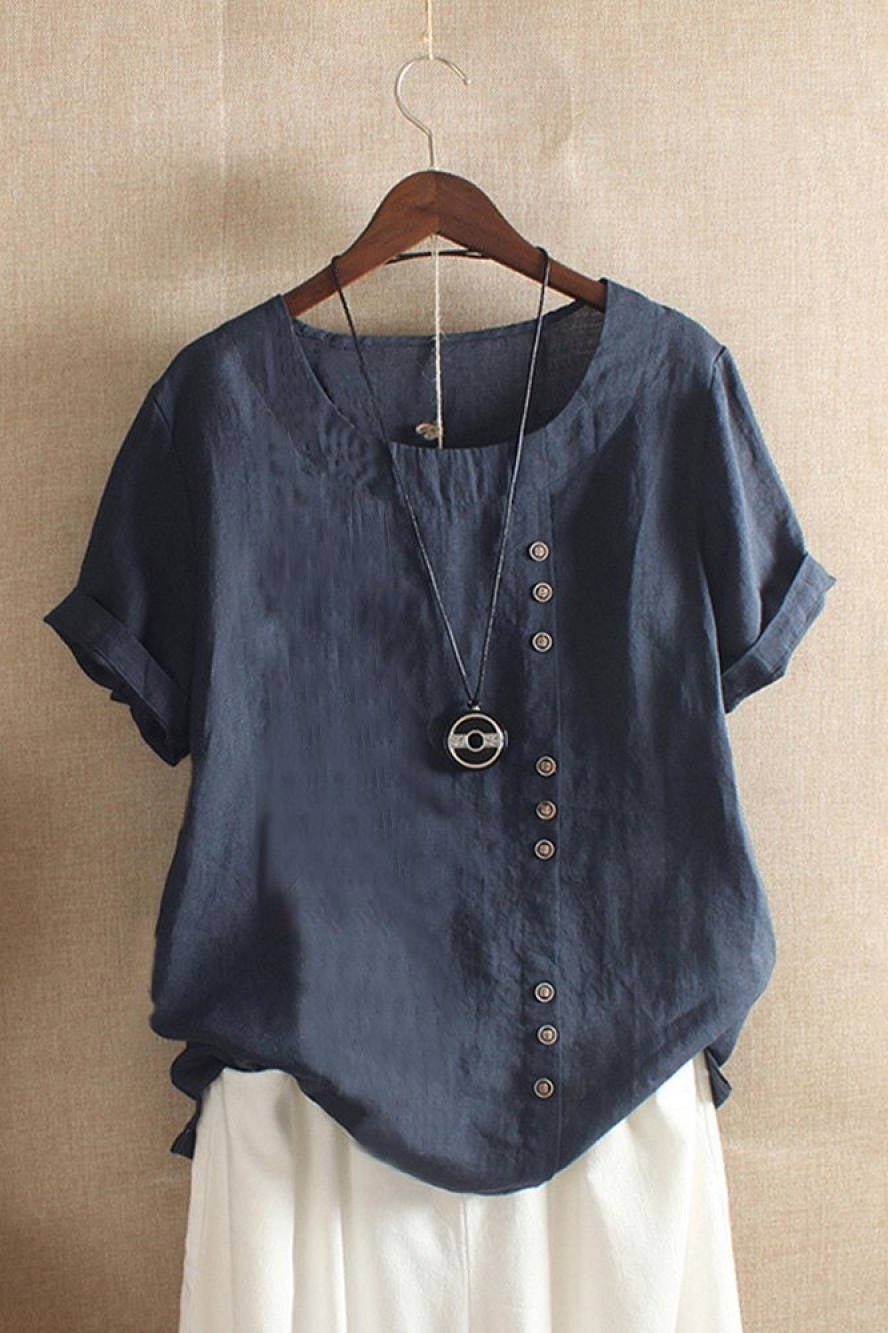 Cotton round neck blouse with button detail and short sleeves for women