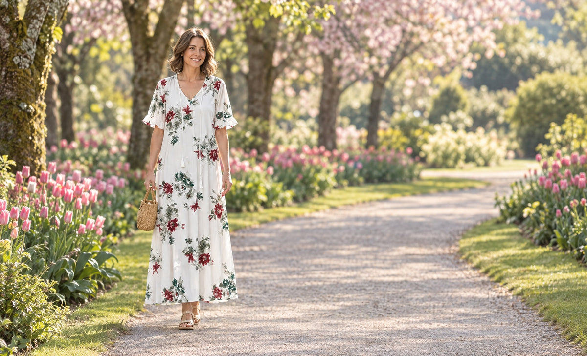 Woman in a white floral maxi dress walking on a blossom path in spring