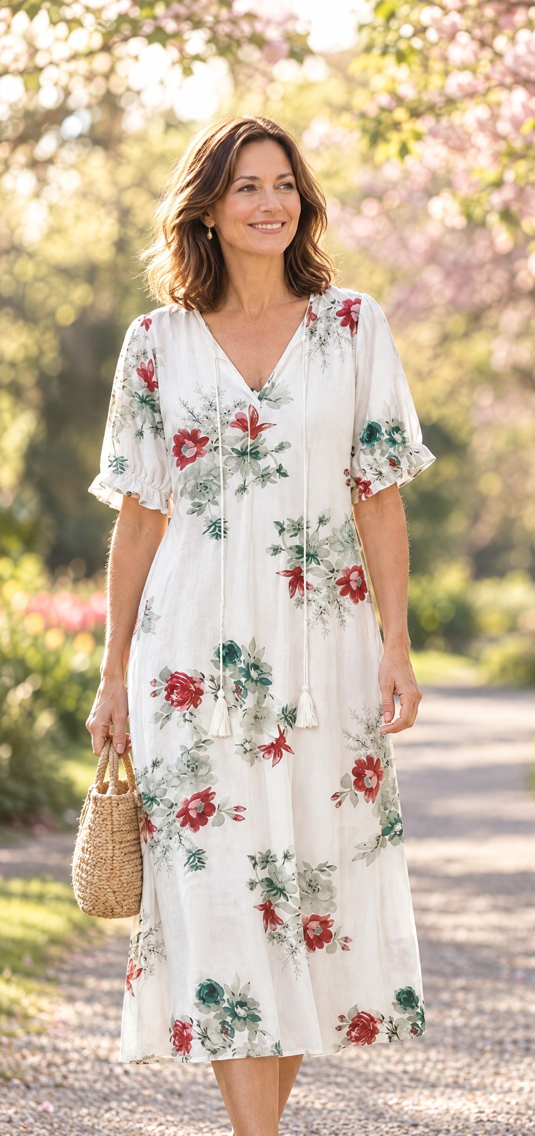Woman in a white floral maxi dress smiling in a spring park