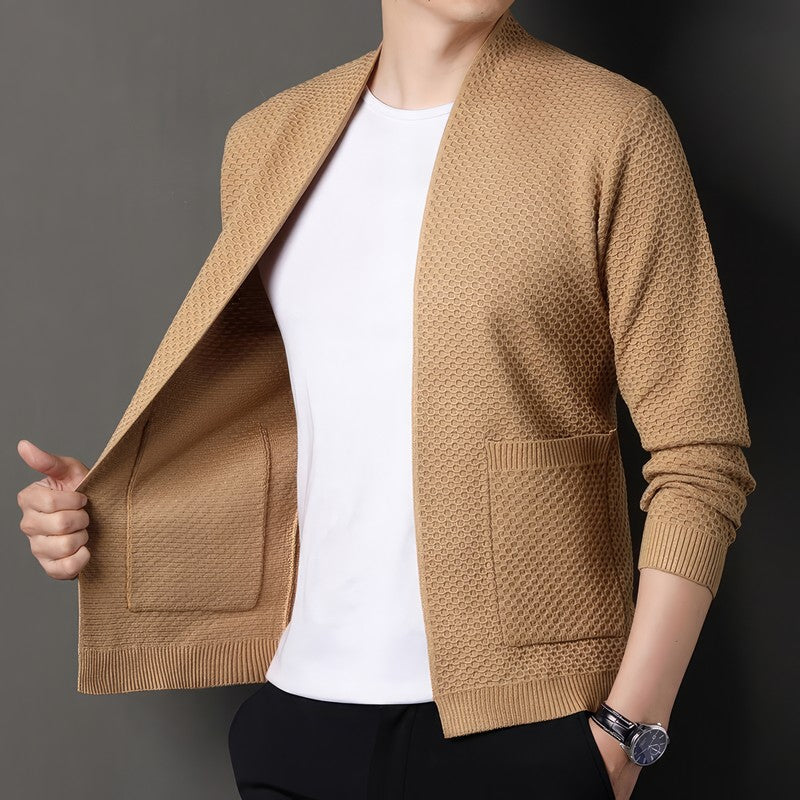 Textured knit open cardigan for men