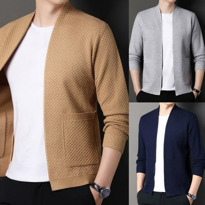 Textured knit open cardigan for men