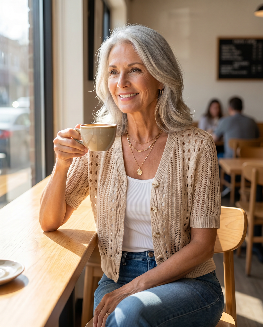Pointelle knit cardigan with short sleeves and V-neck for women
