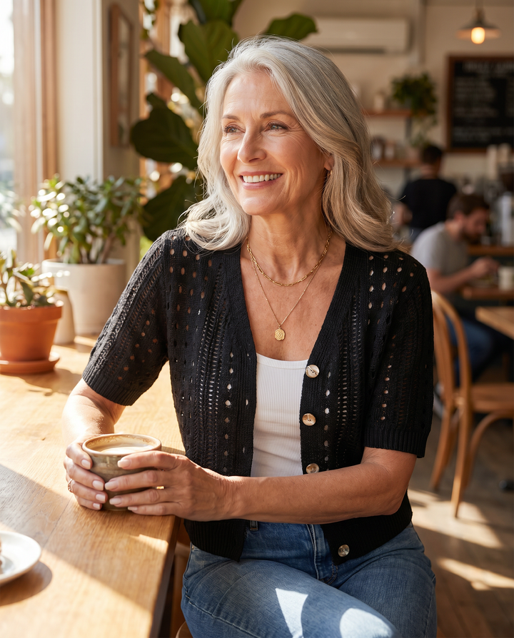 Pointelle knit cardigan with short sleeves and V-neck for women