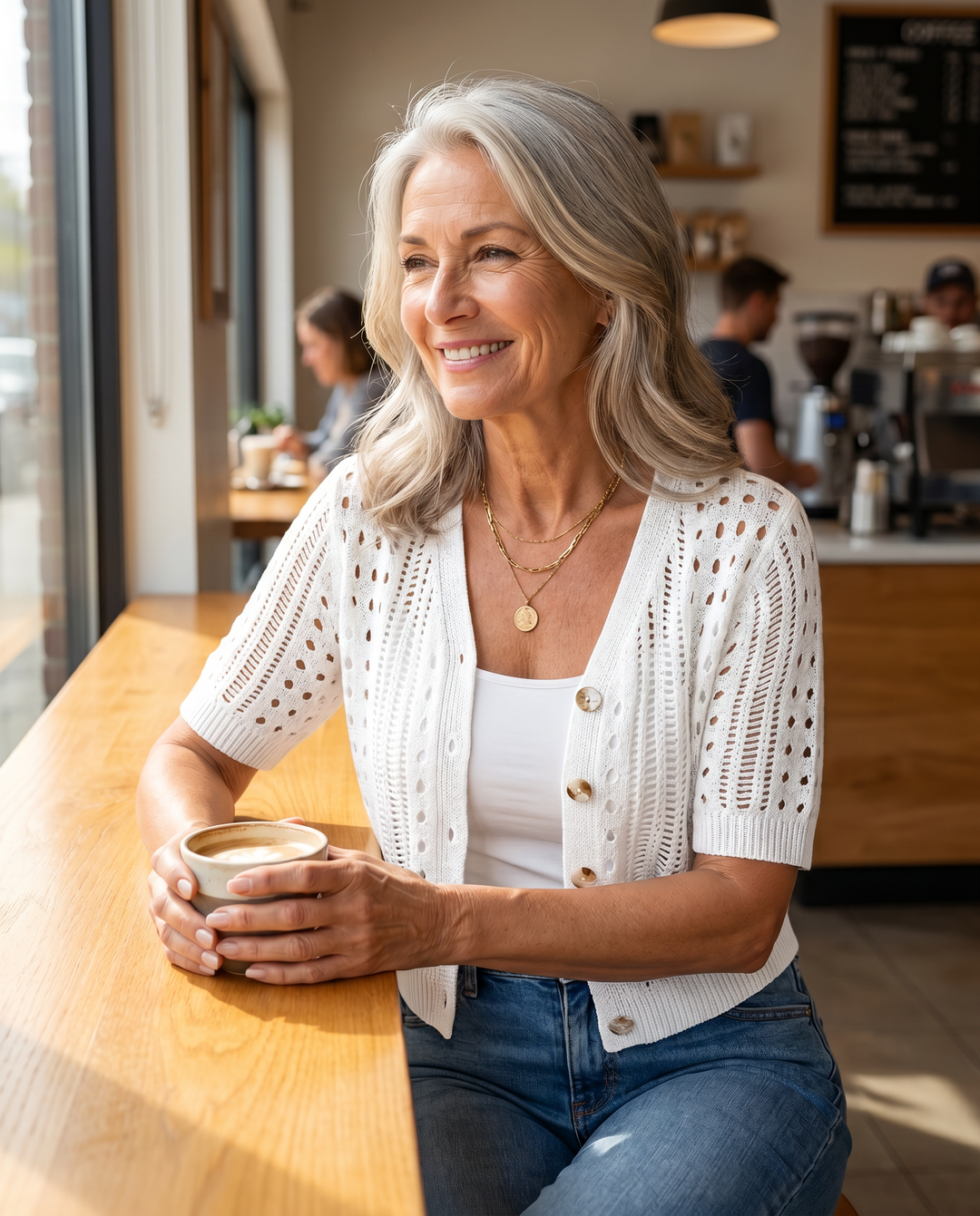 Pointelle knit cardigan with short sleeves and V-neck for women