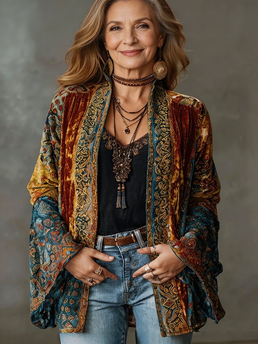 Boho Print Quilted Jacket for Women