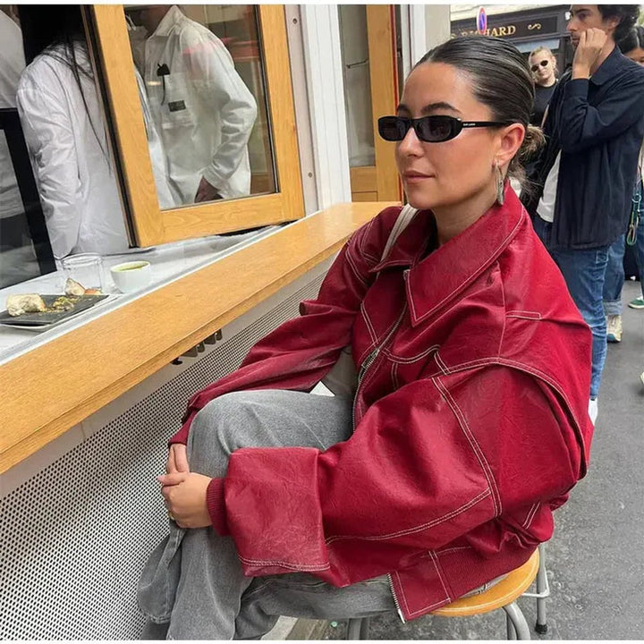 Contrast-Stitch Oversized Bomber Jacket for Women