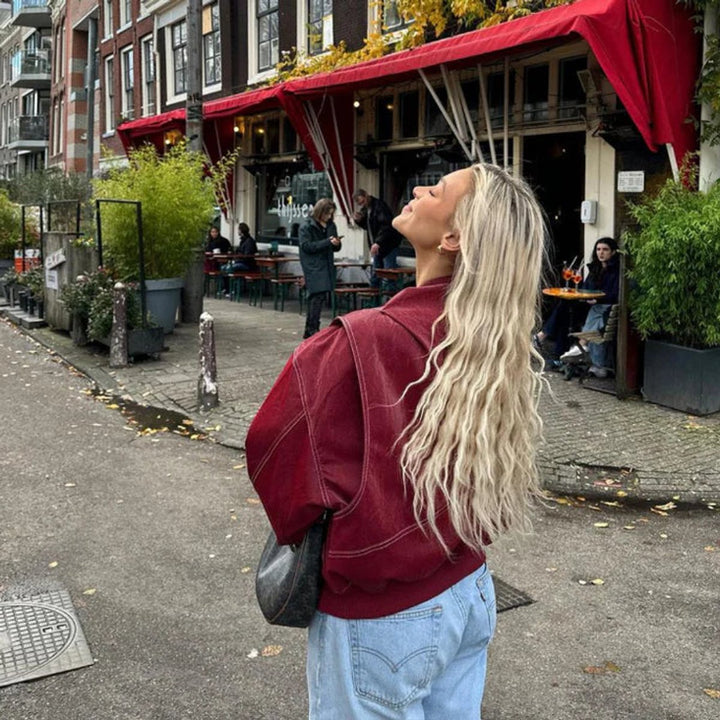 Contrast-Stitch Oversized Bomber Jacket for Women