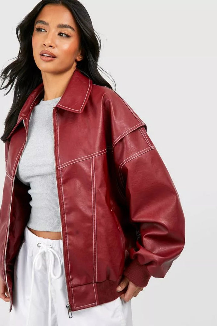 Contrast-Stitch Oversized Bomber Jacket for Women