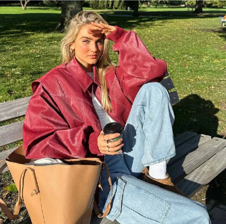 Contrast-Stitch Oversized Bomber Jacket for Women