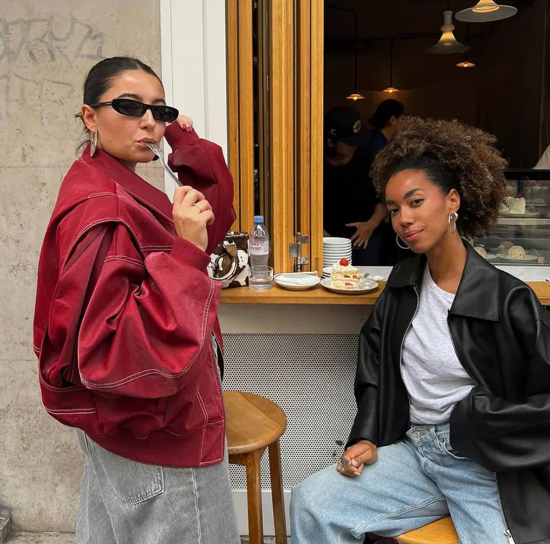 Contrast-Stitch Oversized Bomber Jacket for Women