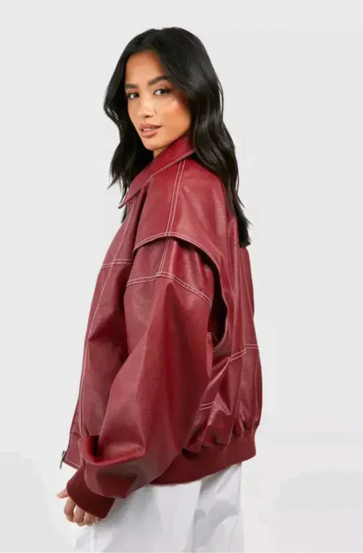 Contrast-Stitch Oversized Bomber Jacket for Women