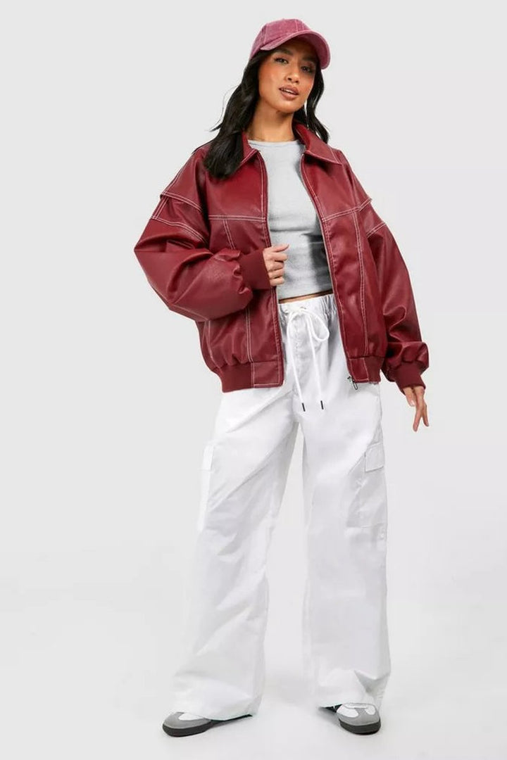 Contrast-Stitch Oversized Bomber Jacket for Women