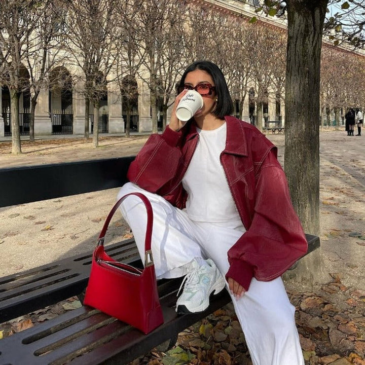 Contrast-Stitch Oversized Bomber Jacket for Women