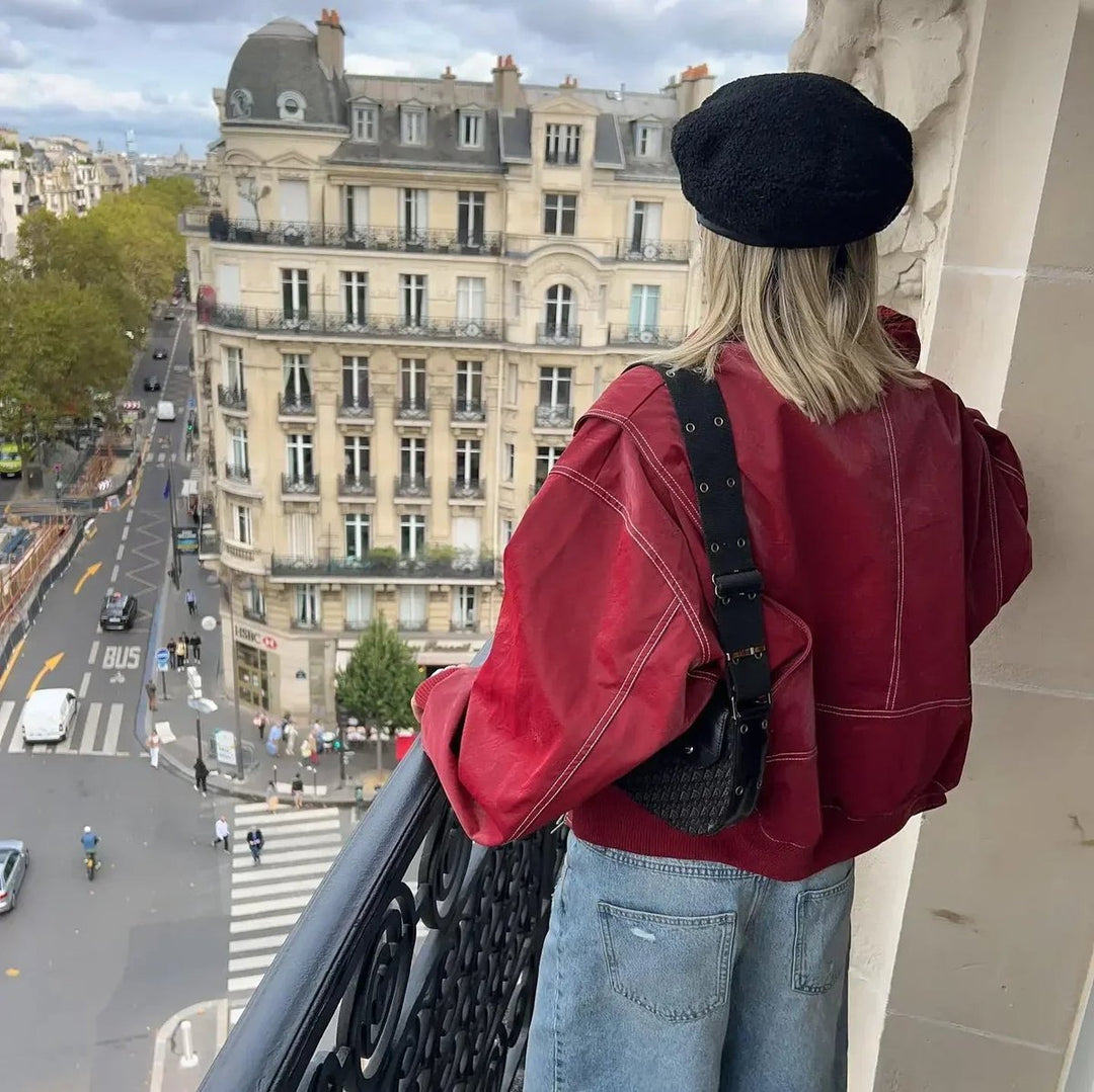 Contrast-Stitch Oversized Bomber Jacket for Women