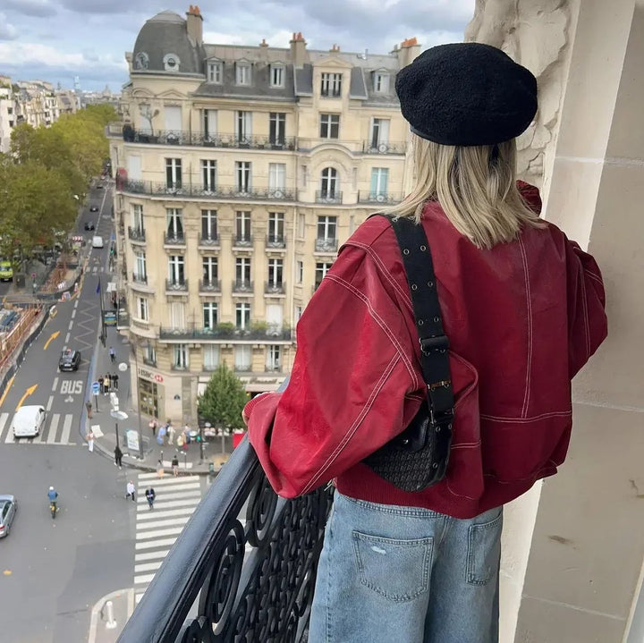 Contrast-Stitch Oversized Bomber Jacket for Women