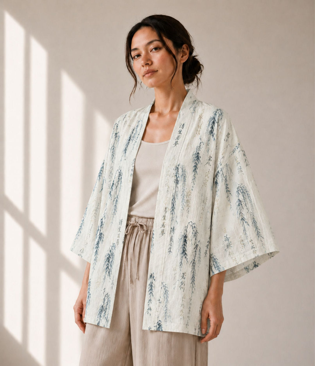 Haori kimono jacket with willow print and open front for women