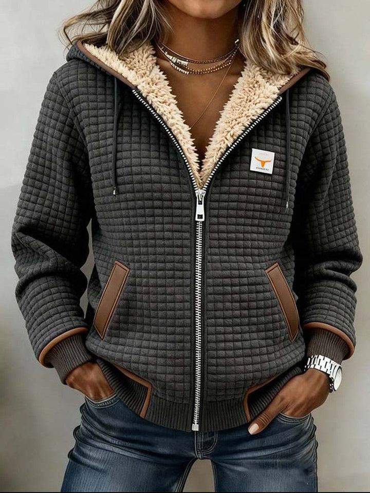 Waffle-Quilted Sherpa-Lined Fleece Jacket for Women