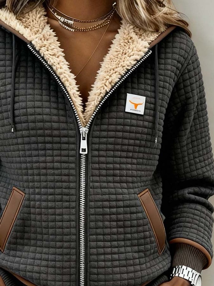 Waffle-Quilted Sherpa-Lined Fleece Jacket for Women