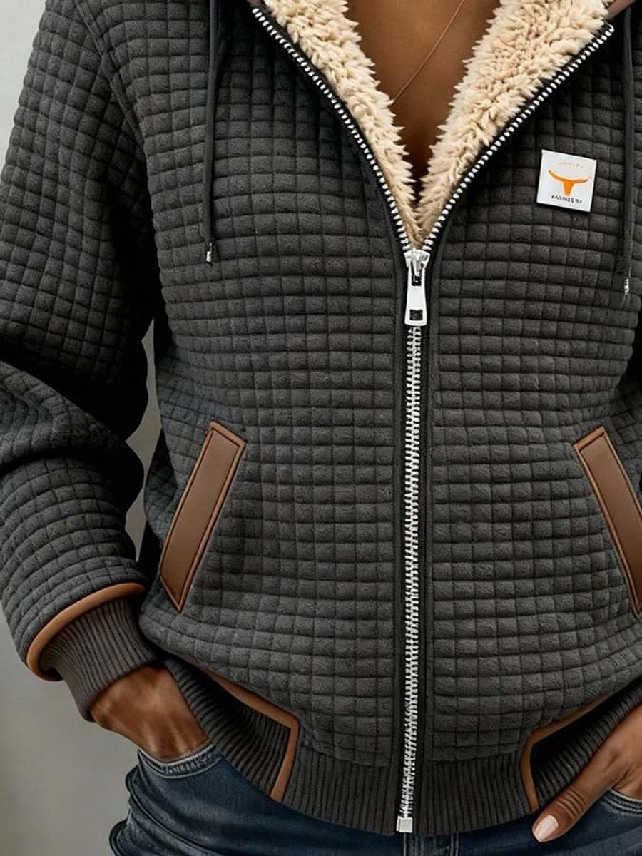 Waffle-Quilted Sherpa-Lined Fleece Jacket for Women