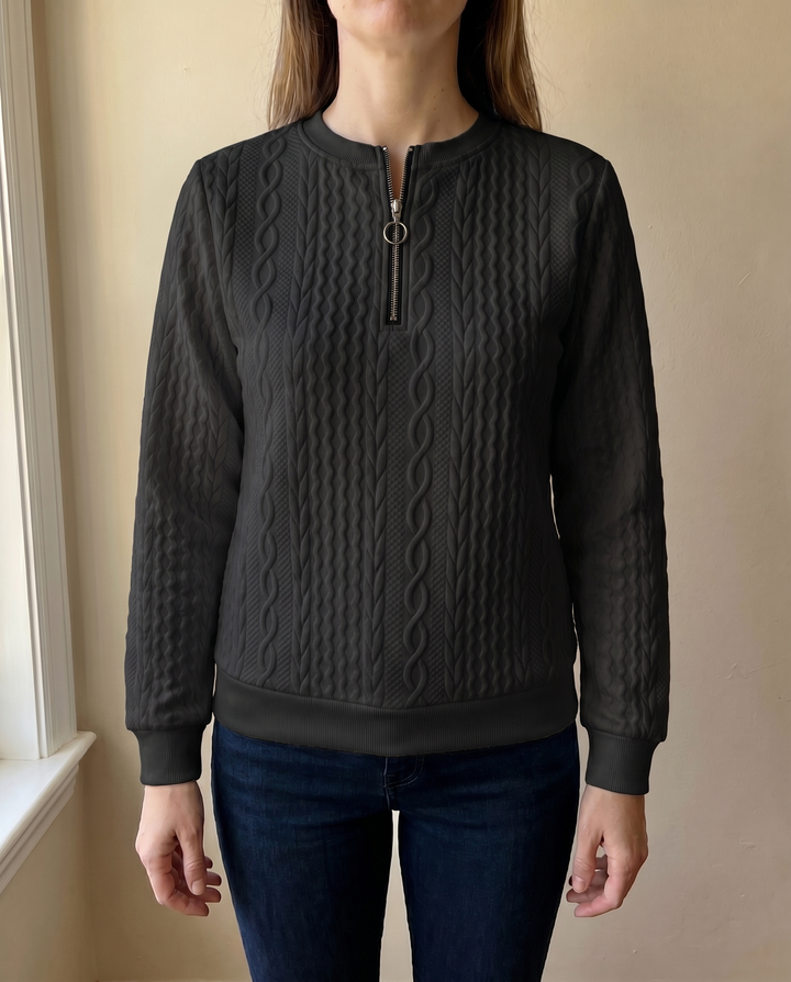Textured knit sweatshirt with half zip for women