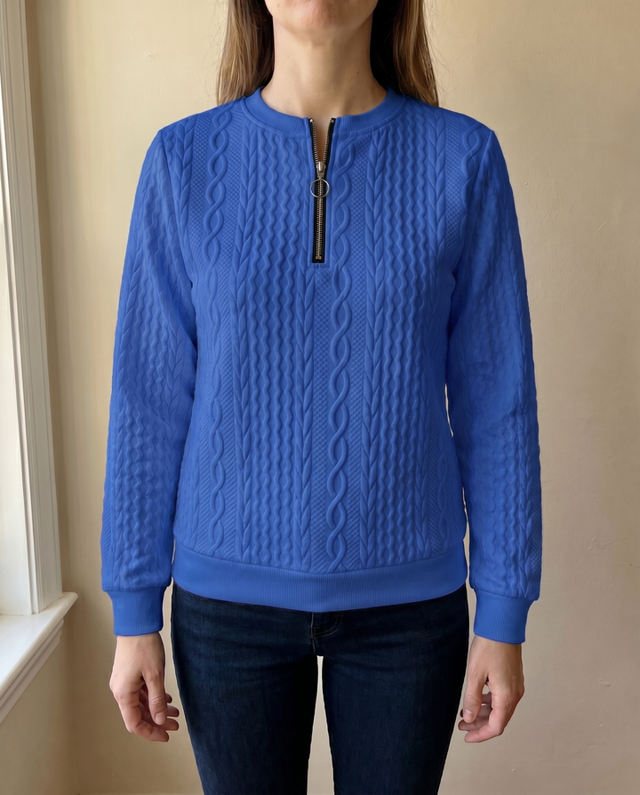 Textured knit sweatshirt with half zip for women