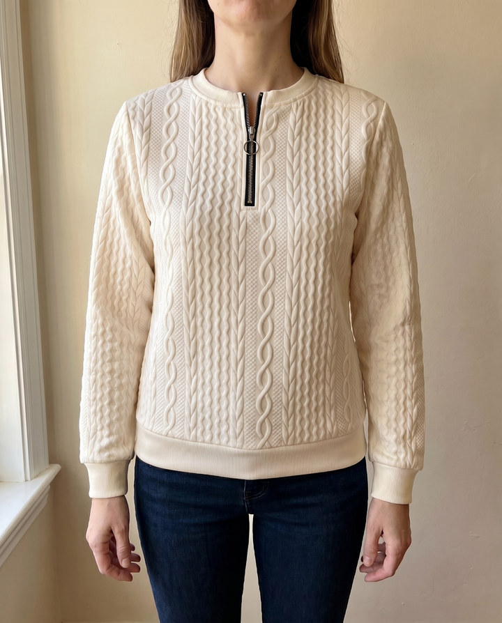 Textured knit sweatshirt with half zip for women