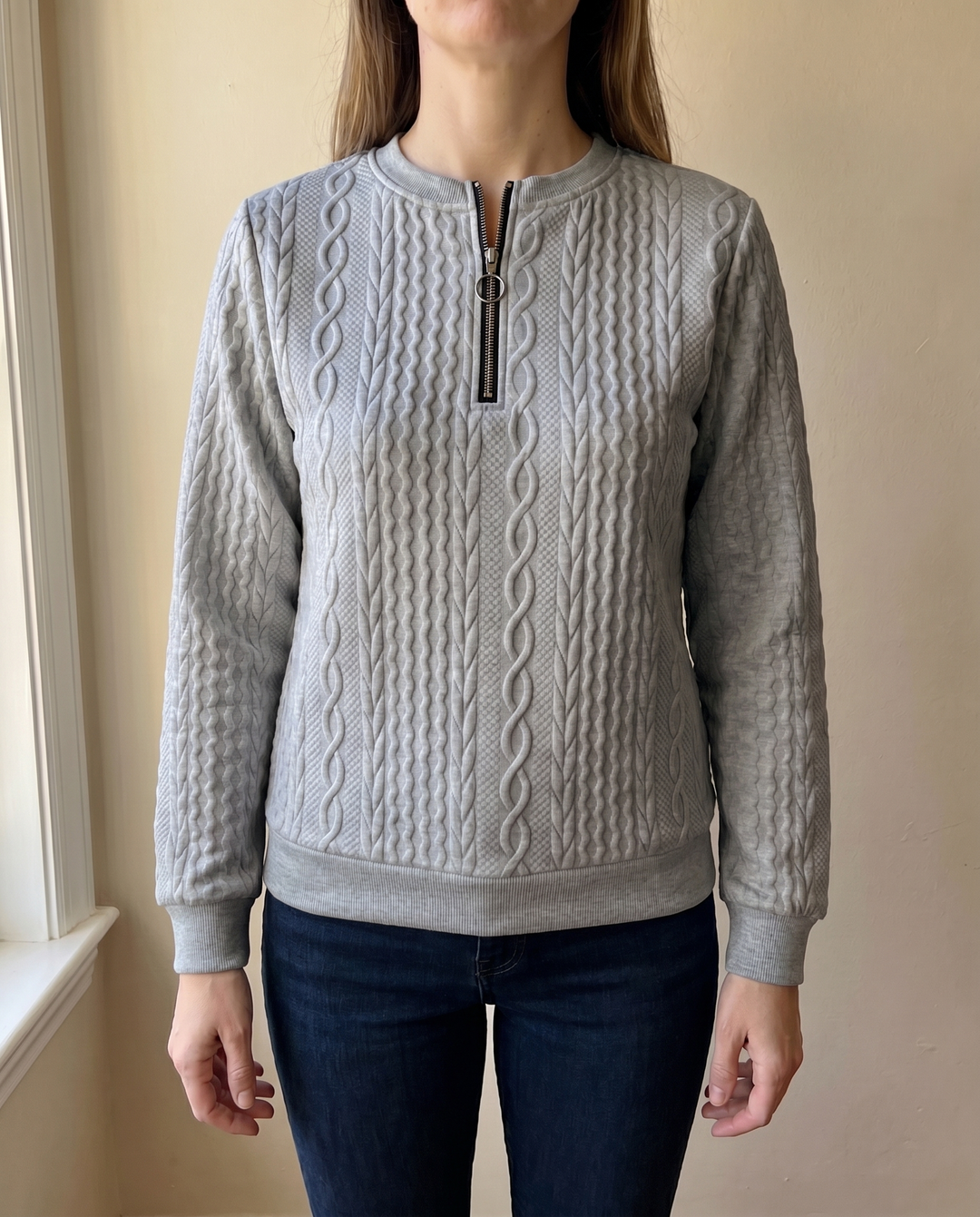 Textured knit sweatshirt with half zip for women