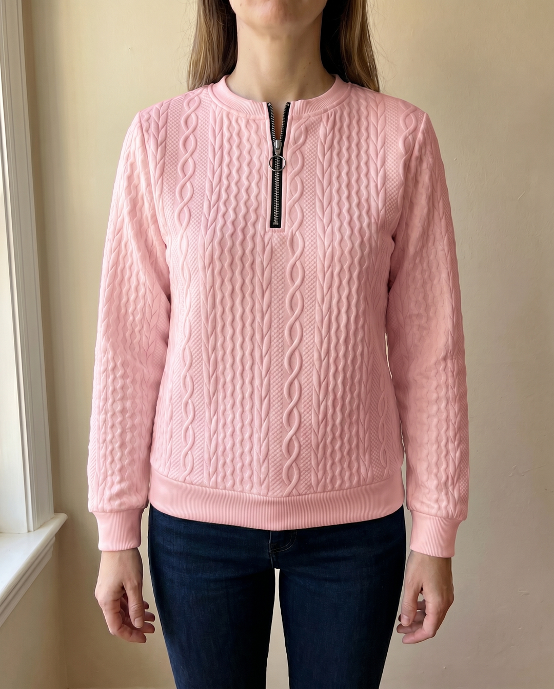 Textured knit sweatshirt with half zip for women