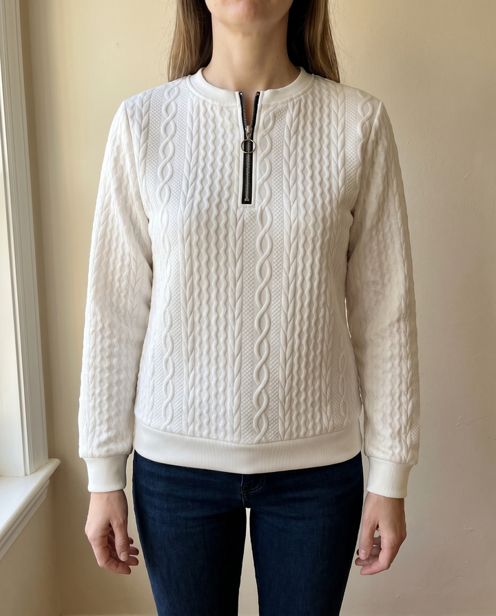 Textured knit sweatshirt with half zip for women