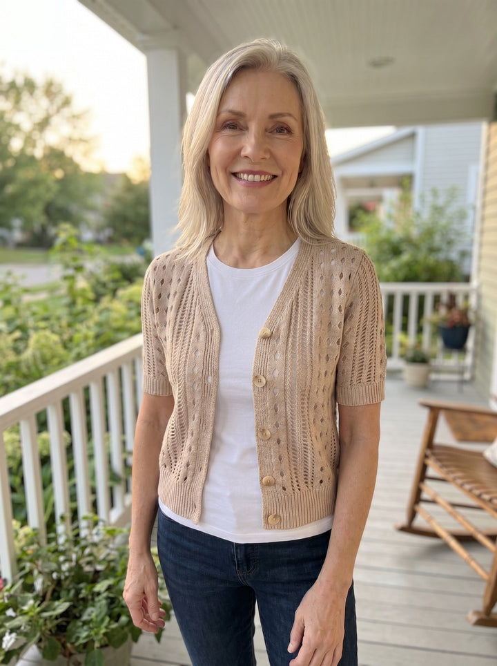 Pointelle knit cardigan with short sleeves and V-neck for women