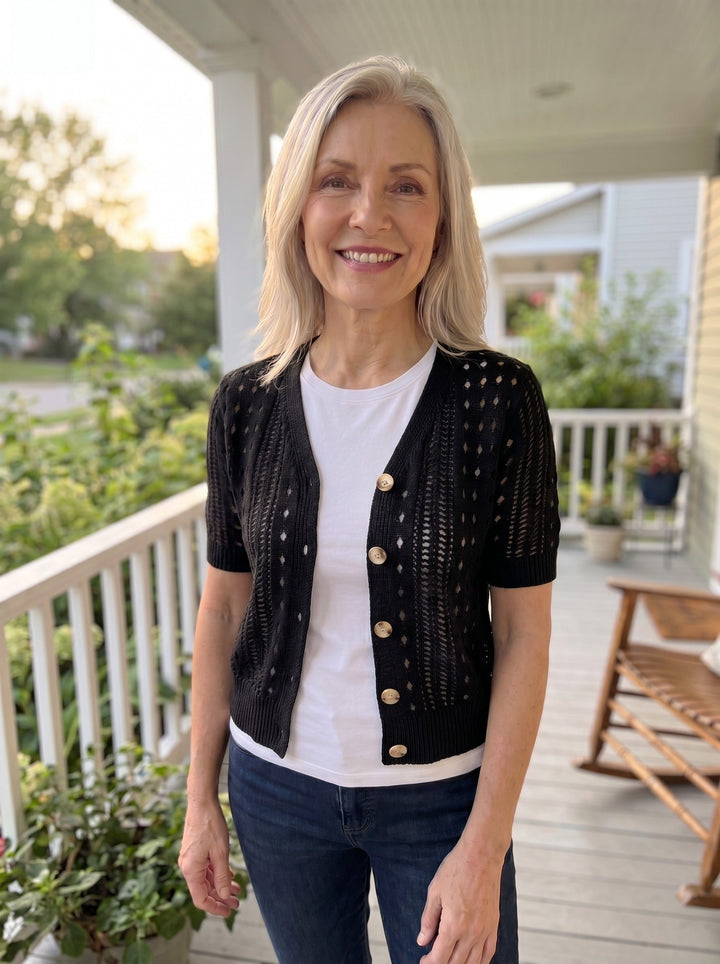 Pointelle knit cardigan with short sleeves and V-neck for women